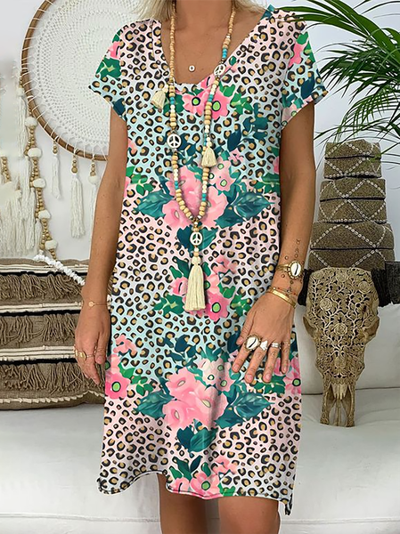 Leopard Floral Print V Neck Short Sleeve Vacation Casual Mini Dresses, Floral Dresses
Leopard Floral Print V Neck Short Sleeve Vacation Casual Mini Dresses, Floral Dresses