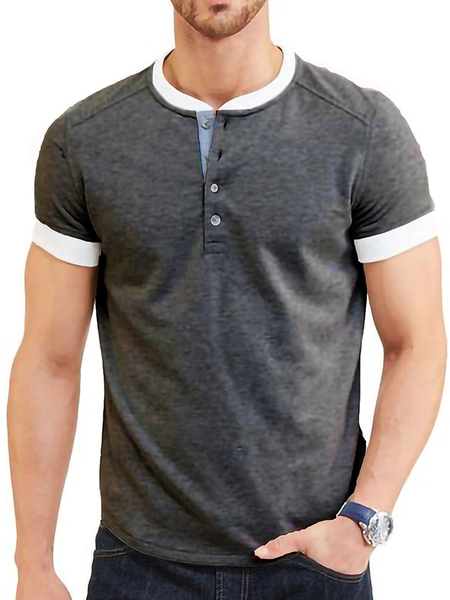 Men's Neckline Cuffs Contrasting Color Short Sleeve Henry Neck Tee, Deep gray, T-shirt
Men's Neckline Cuffs Contrasting Color Short Sleeve Henry Neck Tee, Deep gray, T-shirt