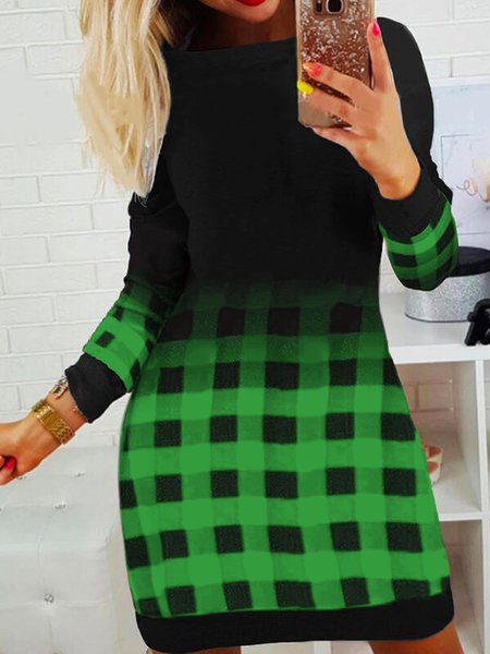 Casual round neck check gradient loose dress, Black-green, Mini Dresses