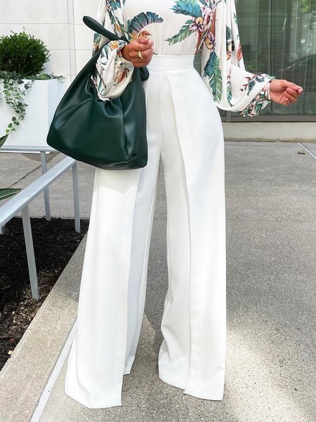 Daily Regular Fit Solid Pants, White, Wide Leg Pants