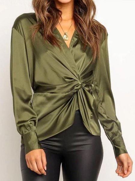 Elegant V Neck Solid Kink Chic Top, Green, Tops