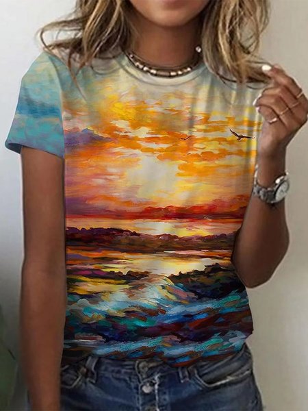 Vacation Landscape Print Shirts & Tops, Multicolor, Tops
