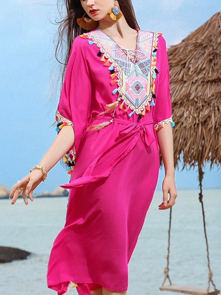 Shore Resort Pink Fringe Short Sleeve Loose Dress, Boho dresses
