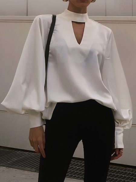 V Neck Solid Elegant Bishop Sleeve Top, White, Tops
