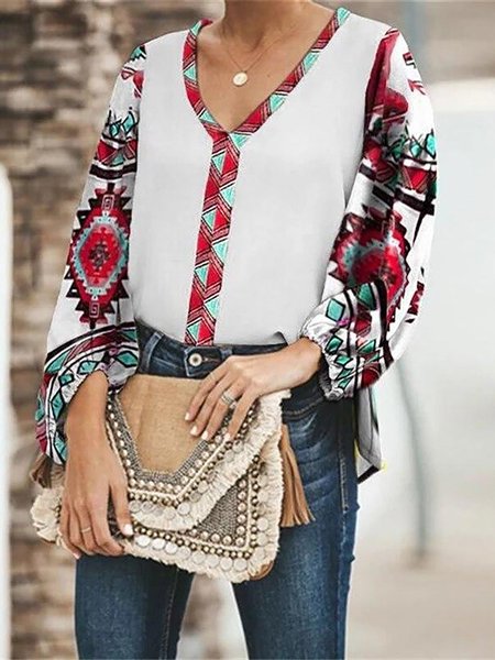Geometric Print Vacation Casual V-neck Loosen Shirts & Tops, White, Tops