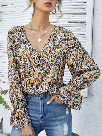 Casual V Neck Shirts & Tops, Yellow, Long sleeve tops