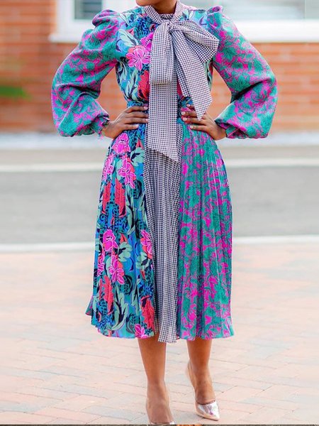 Date Holiday Daily Tie Neck Bishop Sleeve Dress, As picture, Midi Dresses