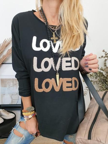 Casual Loosen Round Neck Letter Shirts & Tops, Black, Tees & T-shirts