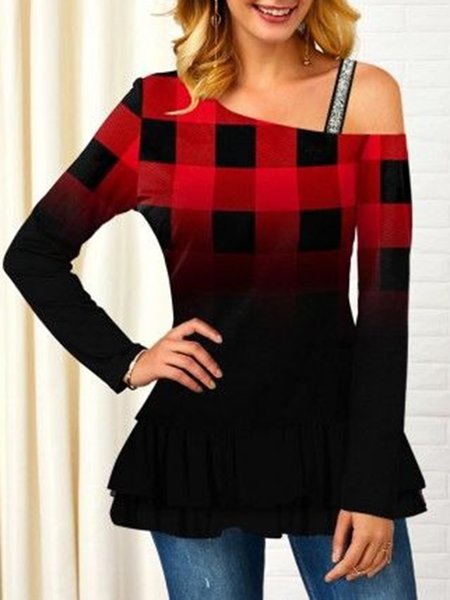 Checked/Plaid Off The Shoulder Sequins Casual Long Sleeve Shirts & Tops, Black-red, Tops
Checked/Plaid Off The Shoulder Sequins Casual Long Sleeve Shirts & Tops, Black-red, Tops
