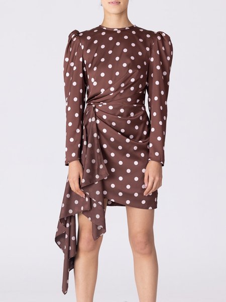 Polka Dots Regular Fit Crew Neck Elegant Mini Dress, Coffee, Mini Dresses