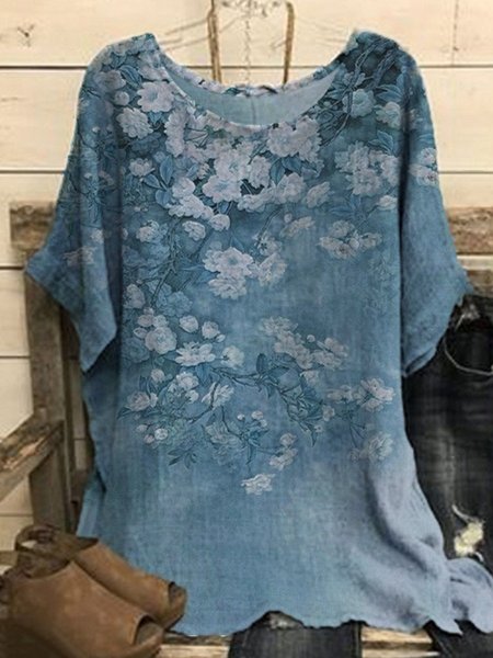 Floral Casual Round Neck Shirts & Tops, Blue, Tops