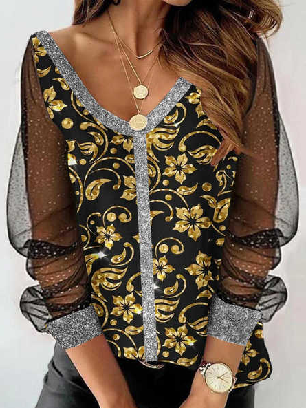 Floral V Neck Regular Fit Shirts & Tops, Black, Tops