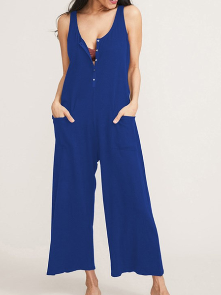 Solid Casual Jumpsuit & Romper Solid color casual buttoned pocket jumpsuit, Blue, Jumpsuits