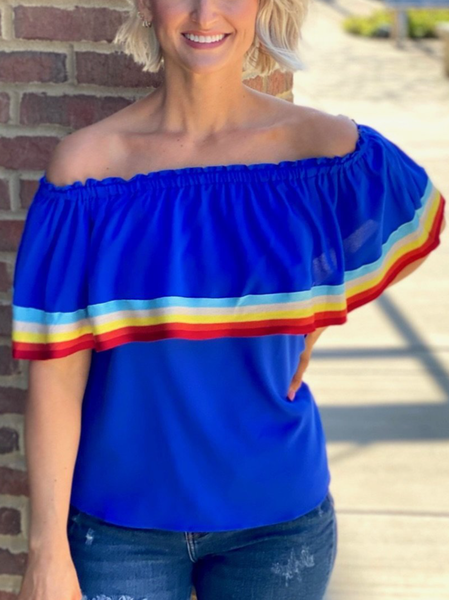 Rainbow striped lotus leaf sleeves one-shoulder two-shoulder blue top Casual Striped Boat Neck Shirts & Tops, Tops
Rainbow striped lotus leaf sleeves one-shoulder two-shoulder blue top Casual Striped Boat Neck Shirts & Tops, Tops