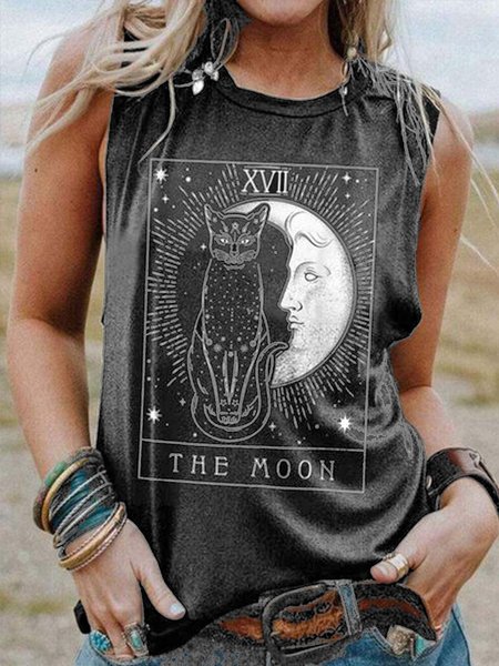 Moon And Cat Graphic Sleeveless Tank Top, Black, Tank Tops