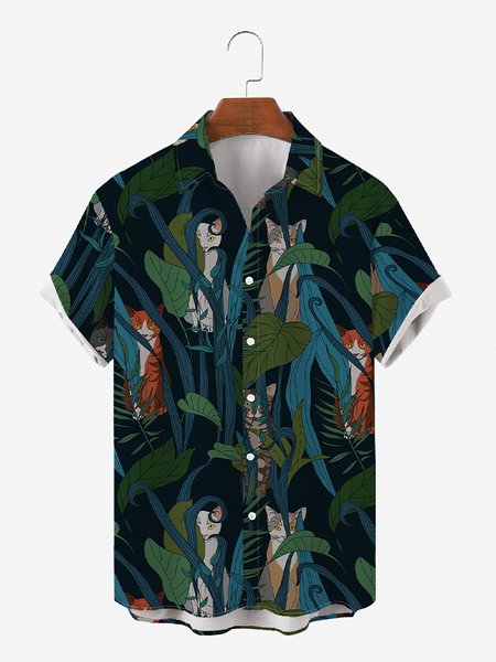 Leaf And Cat Print Short-Sleeved Shirt, As picture, Men's Floral shirt