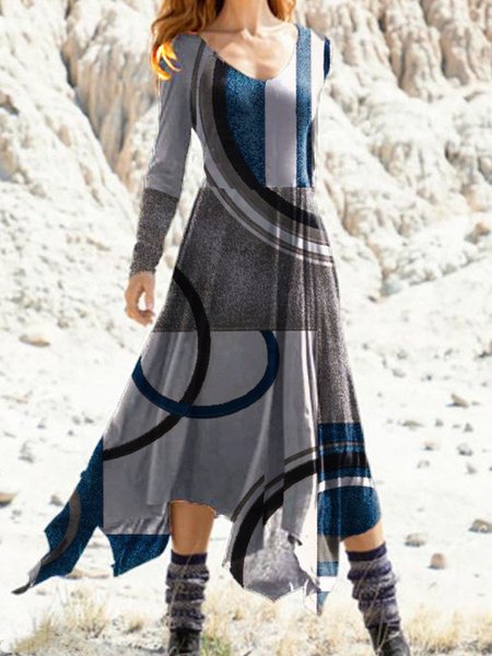 Cotton Blends Regular Fit V Neck Dresses, Multicolor, Maxi Dresses