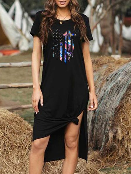 Cotton Blends Casual Round Neck Dresses, Black, Midi Dresses