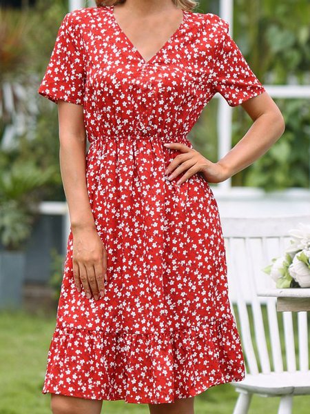 Regular Fit V Neck Vacation Floral Dresses, Flower, Mini Dresses
