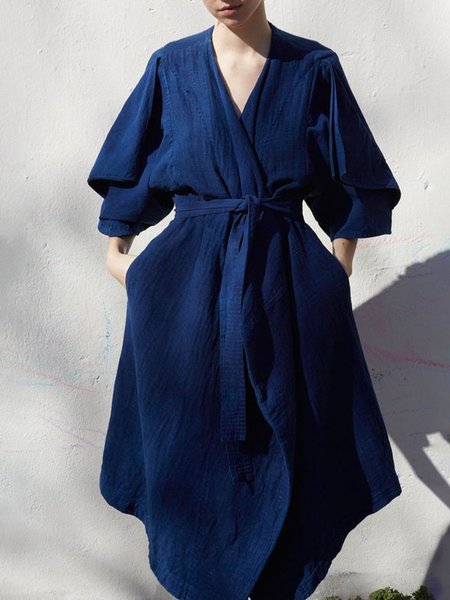 V Neck Loosen Simple Midi Dress, Blue, Midi Dresses