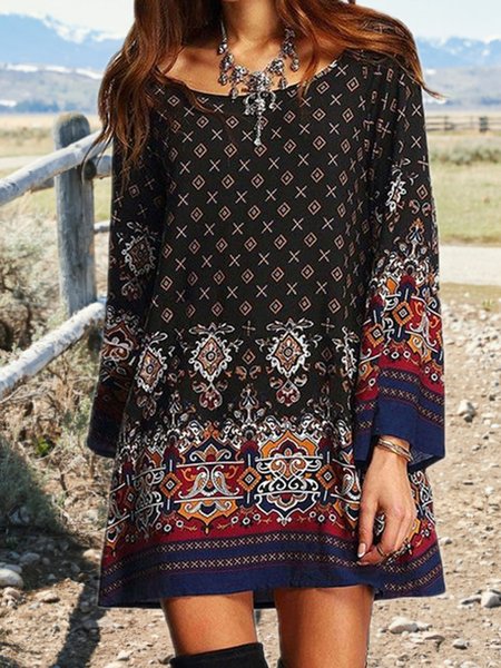 Floral Crew Neck Ethnic Tribal Dresses, Flower, Mini Dresses
