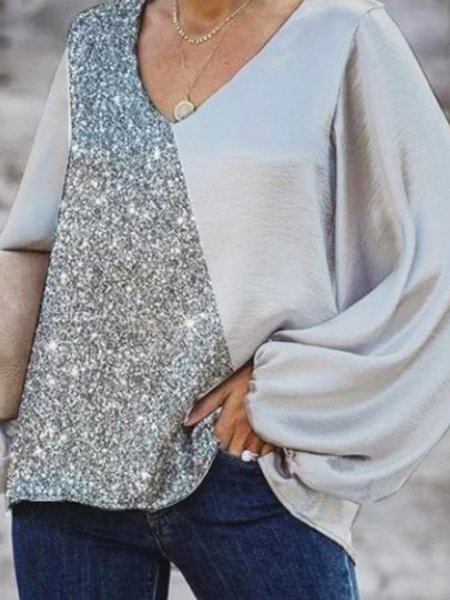 Plus Size Party V Neck Bishop Sleeve Shirts & Tops, White, Tops