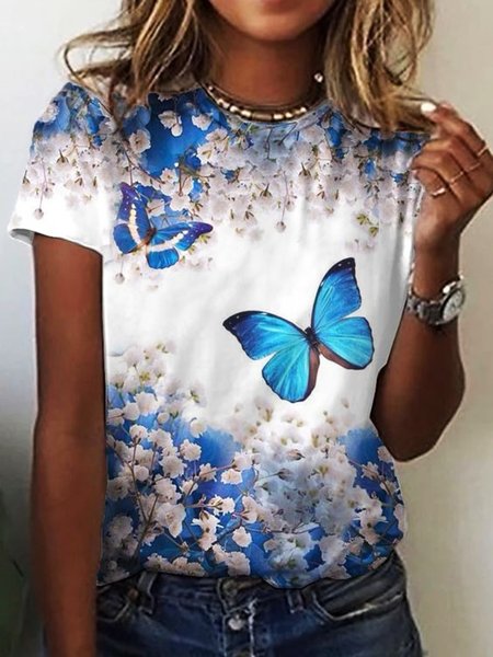 Casual Butterfly Floral Short Sleeve Loosen T-shirt, Blue, T-Shirts