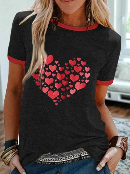 Casual Heart-shaped Round Neck Top For Ladies Valentine's Day, Black, Tops