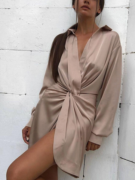 Slim Fit Cross Front Dresses, Khaki, Mini Dresses