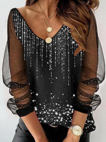 

Long sleeve V-neck stitching starry dot screen changing color starry print top T-shirt party vacation Plus Size, Black, Tops