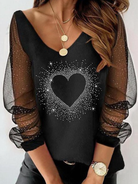 Long sleeve V-neck plain fabric stitching starry dot mesh love Rhinestone decorative top T-shirt party vacation Plus Size, Black, Tops
Long sleeve V-neck plain fabric stitching starry dot mesh love Rhinestone decorative top T-shirt party vacation Plus Size, Black, Tops