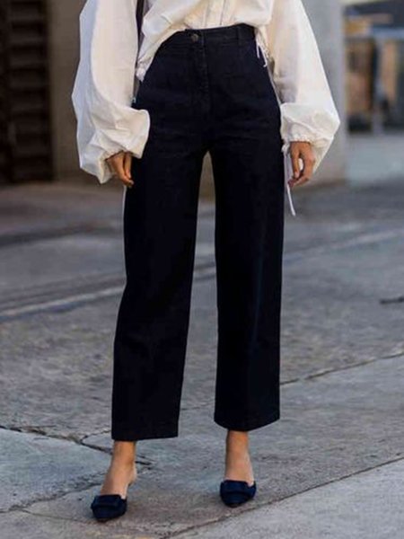 Work Regular Fit Solid Straight Leg Pants, Black, Wide Leg Pants