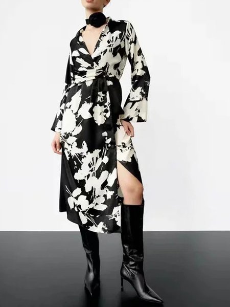 V neck Floral Long sleeve Dress, Black-white, Midi Dresses
