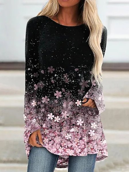 Floral Vacation Crew Neck Tops, Black, Tunics
