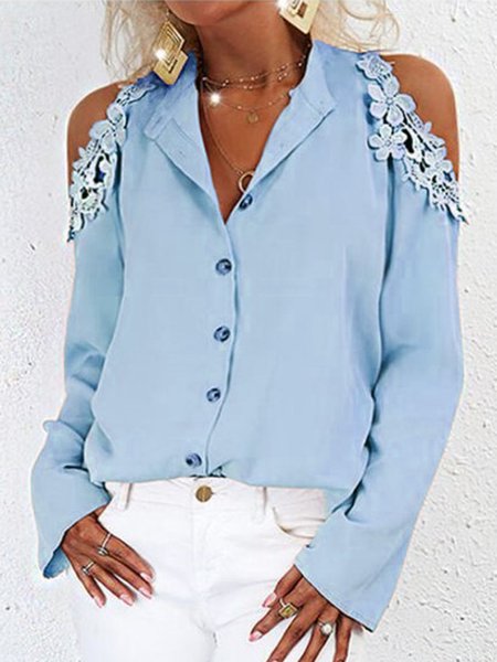 Cotton Blends Loosen Shirts & Tops, Blue, Blouses & Shirts