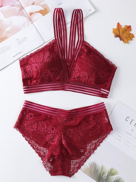Sexy Sling Lace Beautiful Back No Steel Ring Bra Set, Wine red, Underwear