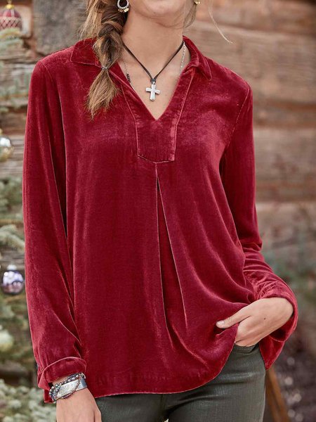 Elegant Lapel Cotton Blends Shirts & Tops, Red, Tops