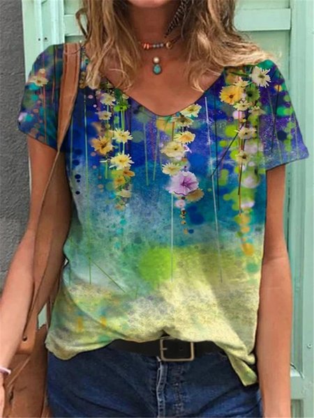 Floral Casual Loosen V Neck Shirts & Tops, Blue, Tops