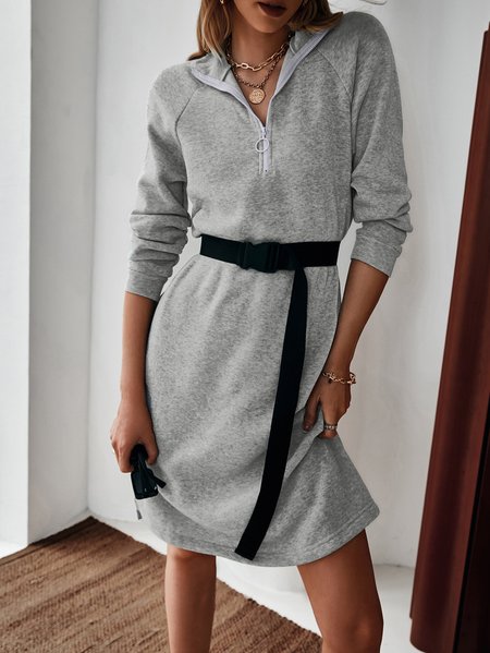 Loosen Plain Casual Henley Long sleeve Dress, Light gray, Mini Dresses