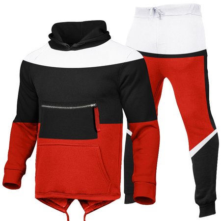 Fashion stitching plus velvet casual hooded sweater and trousers, Red-black, Two-pieces
Fashion stitching plus velvet casual hooded sweater and trousers, Red-black, Two-pieces