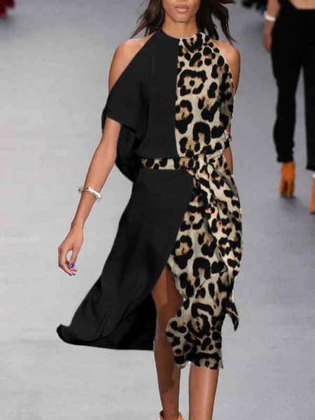Leopard Casual Short Sleeve Halter Dresses, Black, Midi Dresses