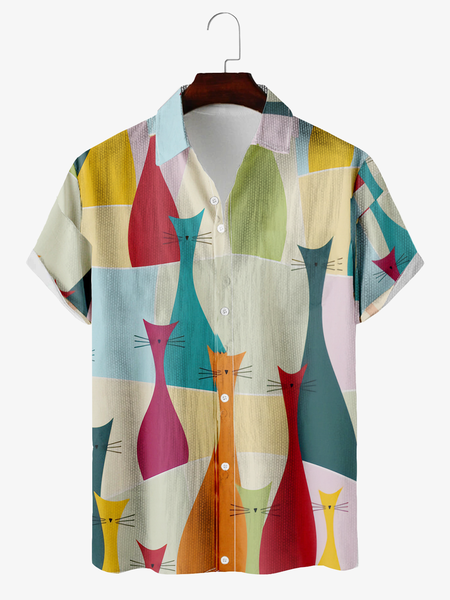 Geometric Abstraction Cat Pattern leisure Cotton Short Sleeve Shirt, As picture, Men's Floral shirt