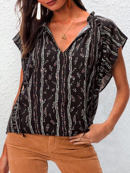 V Neck Loosen Floral Striped Romantic Raglan Sleeve Short sleeve tops, Black, Tops