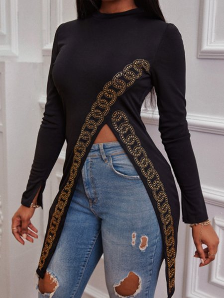 Slit Crew Neck Printed Basic Top, Black, Blouses and Shirts