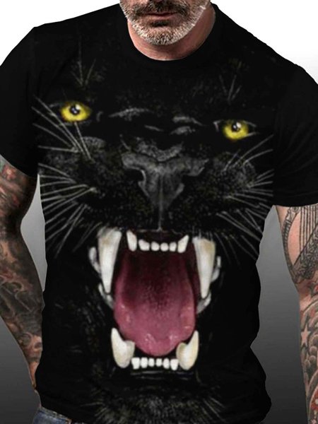 Graphic 3D Leopard Casual Short Sleeve Shirts & Tops, Black, T-shirts