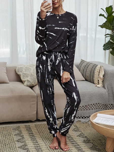 Loosen Tie Dye Casual Off Shoulder Suits, Black, Suits