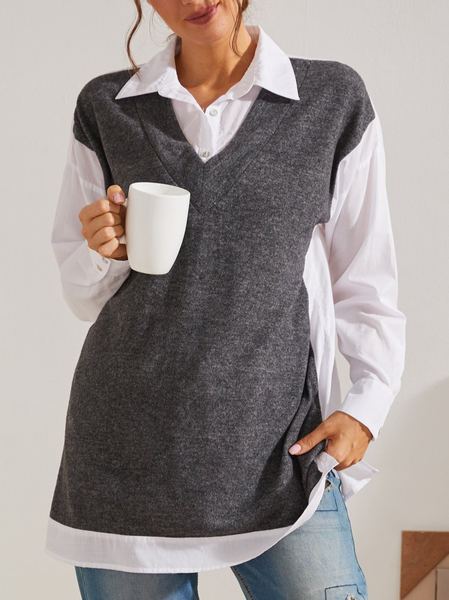 Fake two-piece contrast color stitching shirt collar top Color Block Casual Off Shoulder Loosen Shirts & Tops, Deep gray, Tops
Fake two-piece contrast color stitching shirt collar top Color Block Casual Off Shoulder Loosen Shirts & Tops, Deep gray, Tops