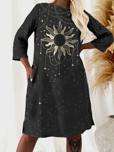 Statement Star Boat Neck Dresses, Black, Mini Dresses