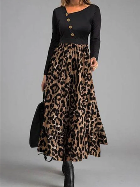 Long sleeve high elastic plain color patterned Leopard Print Long Dress, Black, Casual Dresses
Long sleeve high elastic plain color patterned Leopard Print Long Dress, Black, Casual Dresses