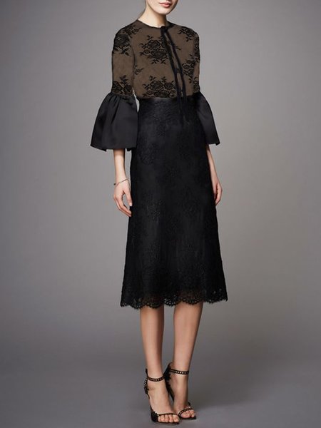 Elegant Crew Neck Solid Regular Fit Midi Dress, Black, Midi Dresses